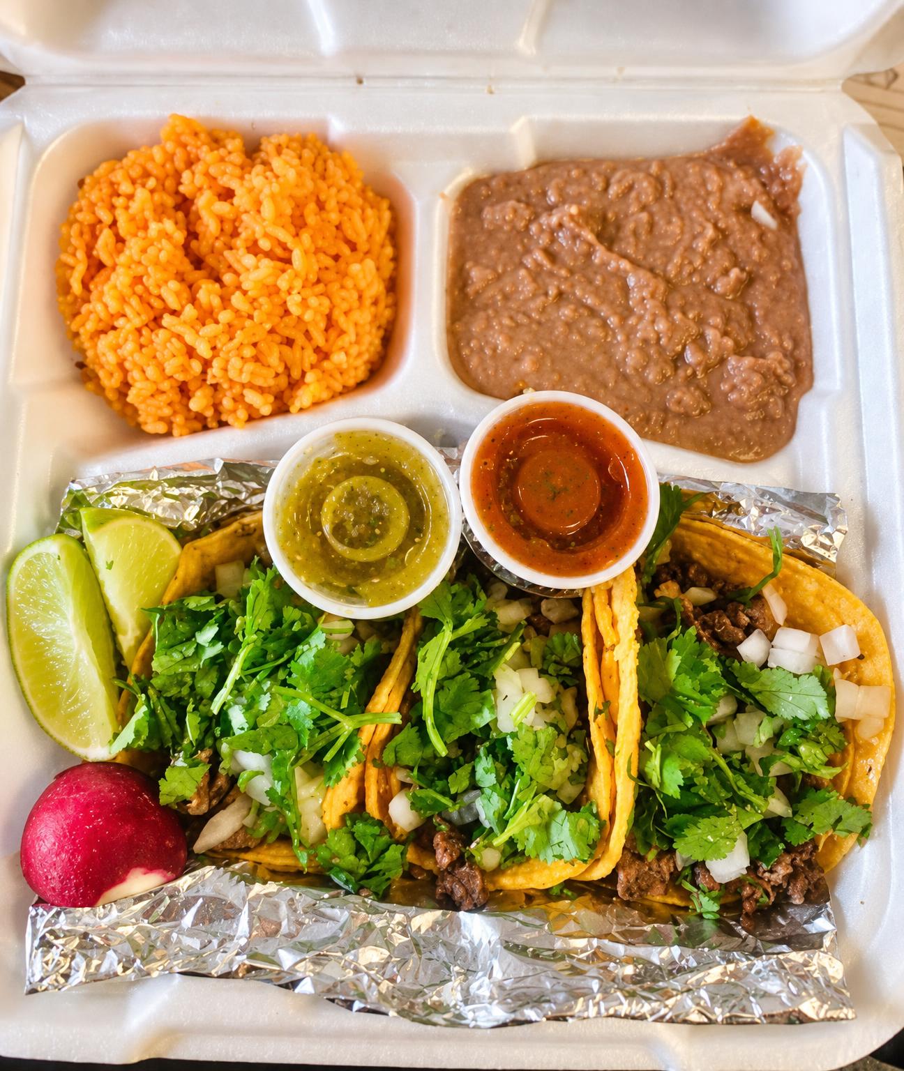 Street tacos plate with rice and beans