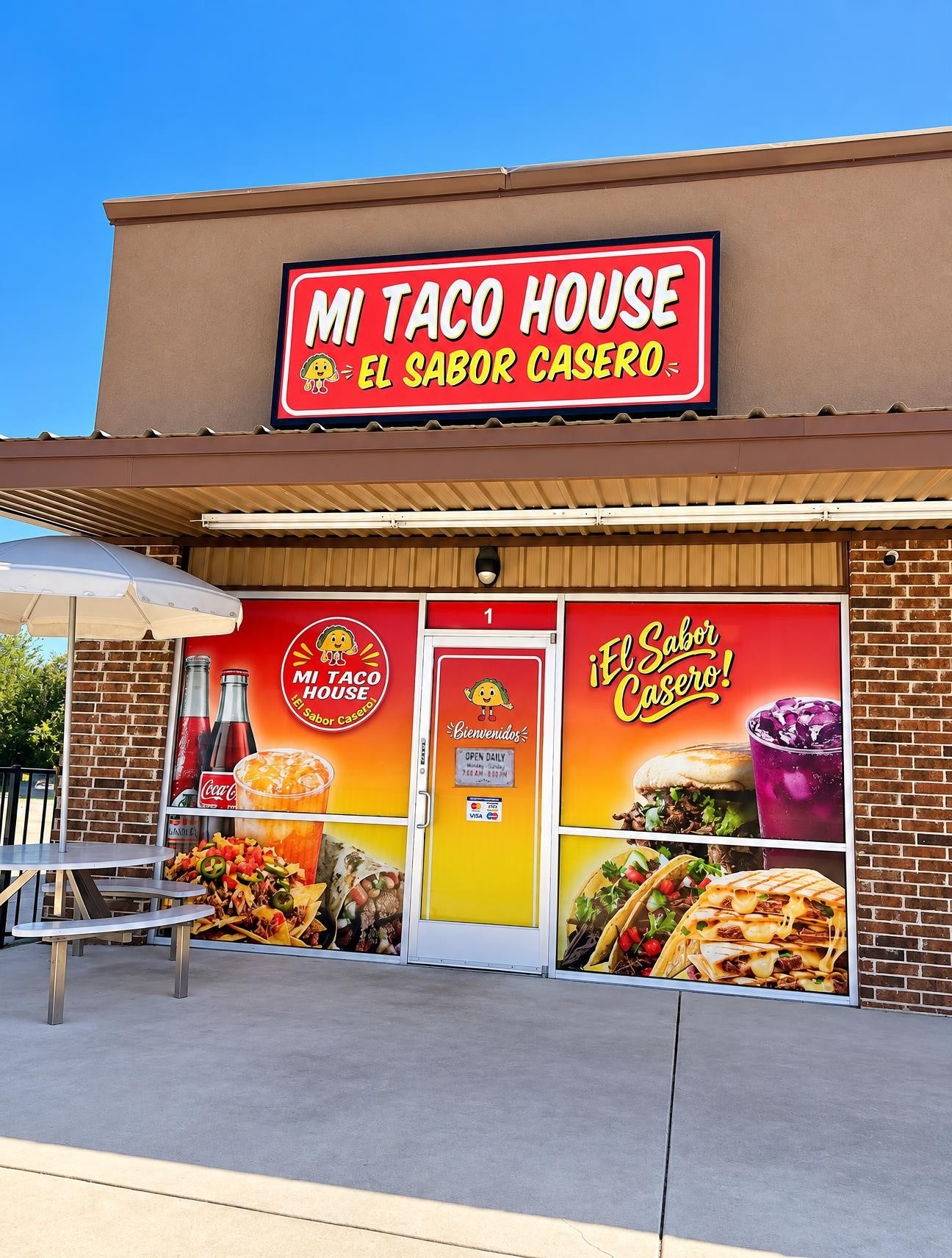 MI TACO HOUSE storefront in Converse, TX with outdoor patio seating